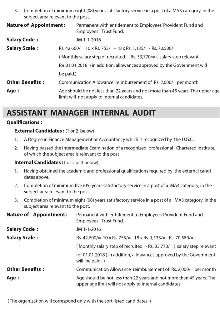 Deputy General Manager, Senior Accountant, Internal Auditor, Manager Marketing, Quality Assurance Officer, Assistant Manager (Marketing, Engineering, Internal Audit) - Lanka Sathosa Ltd